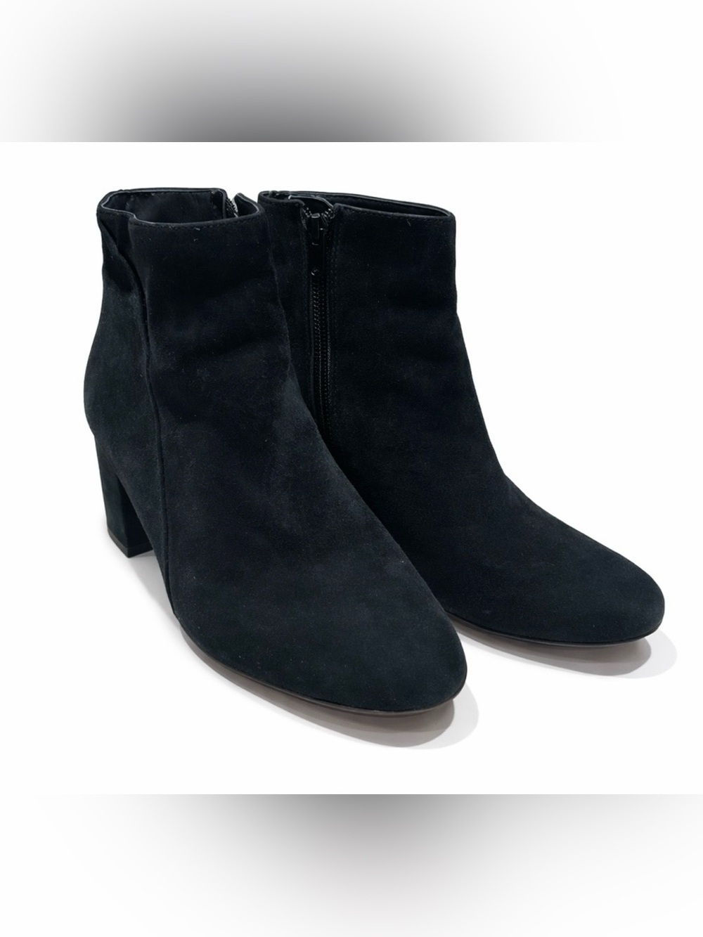 INC International Concepts Black Suede Ankle Booties Block Heel Side Zip SZ 8.5